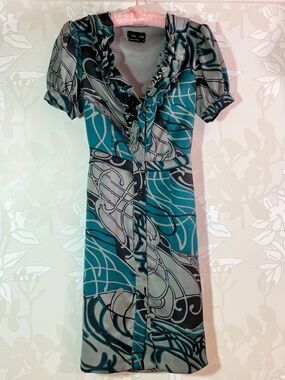 Max and Cleo Grey and Blue Swirl Pattern Short Sleeve Button Front Dress Size 2